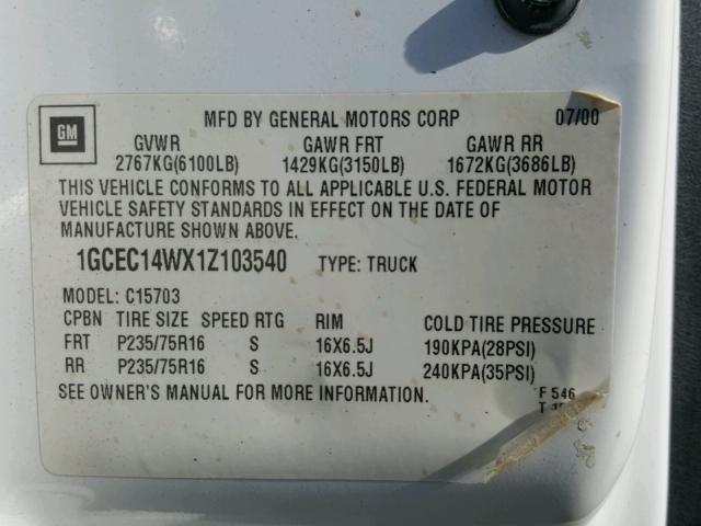 1GCEC14WX1Z103540 - 2001 CHEVROLET SILVERADO WHITE photo 10