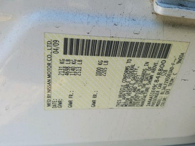 1N4AA51E49C848800 - 2009 NISSAN MAXIMA S WHITE photo 10