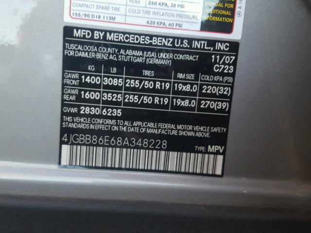 4JGBB86E68A348228 - 2008 MERCEDES-BENZ ML 350 SILVER photo 10