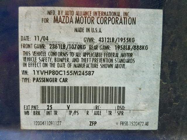 1YVHP80C155M24587 - 2005 MAZDA 6 I 蓝色 照片 10