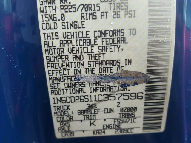 1N6DD26S11C357596 - 2001 NISSAN FRONTIER K BLUE photo 10