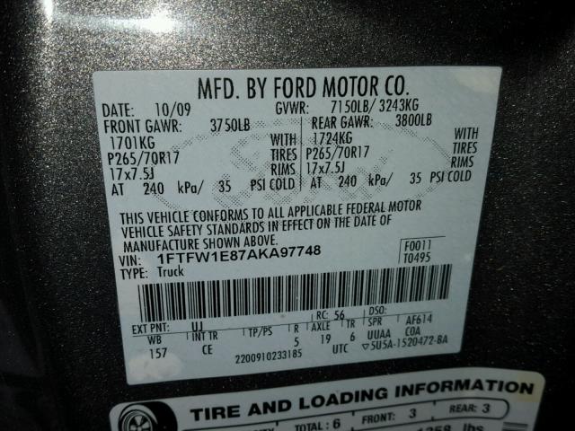 1FTFW1E87AKA97748 - 2010 FORD F150 SUPER GRAY photo 10