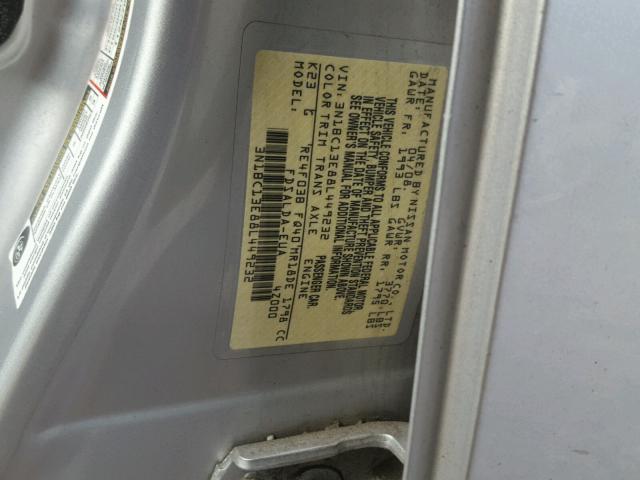 3N1BC13E88L449232 - 2008 NISSAN VERSA S SILVER photo 10