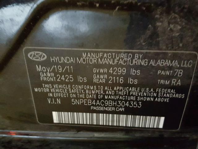 5NPEB4AC9BH304353 - 2011 HYUNDAI SONATA GLS BLACK photo 10