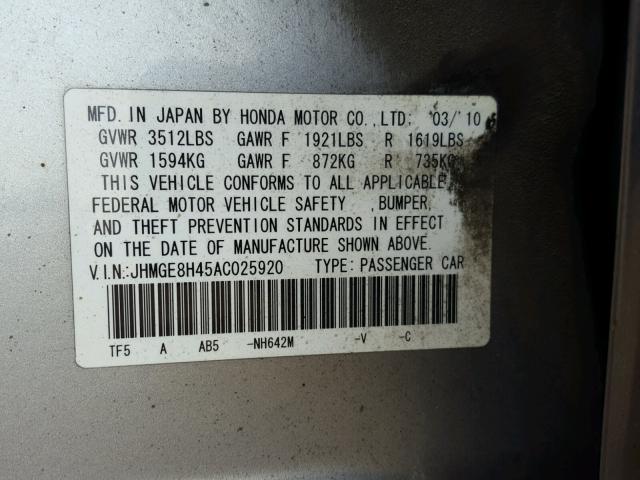 JHMGE8H45AC025920 - 2010 HONDA FIT SPORT GRAY photo 10