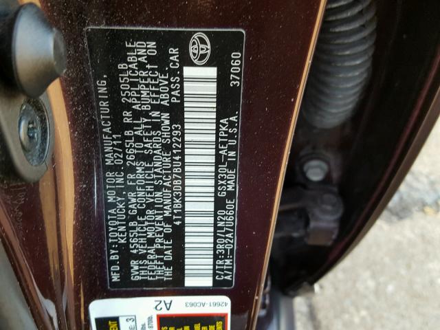 4T1BK3DB7BU412293 - 2011 TOYOTA AVALON BAS MAROON photo 10