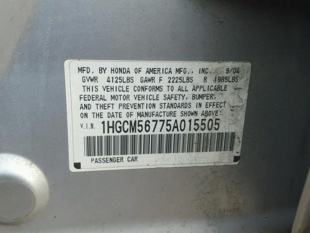 1HGCM56775A015505 - 2005 HONDA ACCORD EX SILVER photo 10