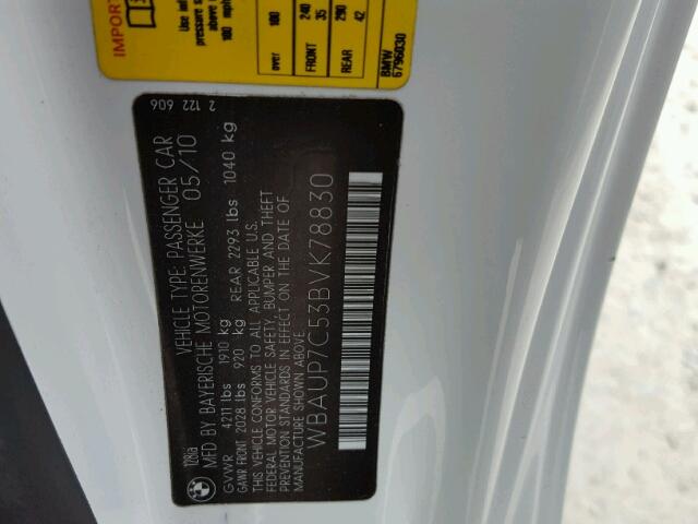 WBAUP7C53BVK78830 - 2011 BMW 128 I WHITE photo 10