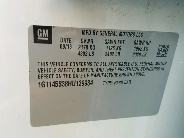 1G1145S38HU139934 - 2017 CHEVROLET IMPALA PRE თეთრი ფოტო 10