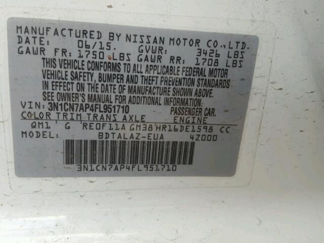 3N1CN7AP4FL951710 - 2015 NISSAN VERSA S WHITE photo 10