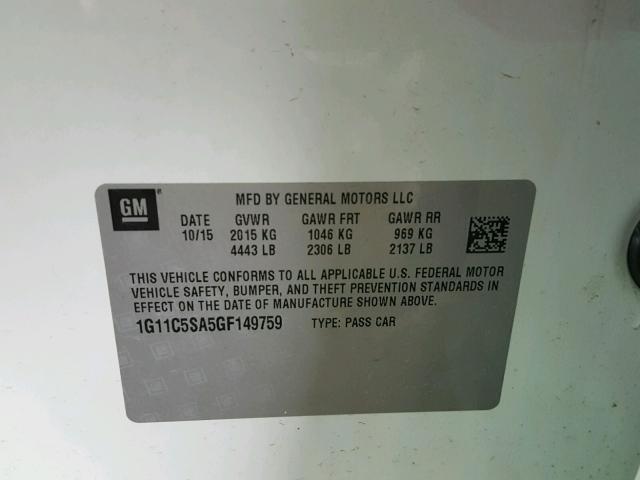 1G11C5SA5GF149759 - 2016 CHEVROLET MALIBU LIM 白色 照片 10