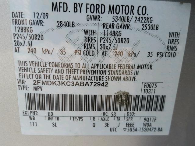 2FMDK3KC3ABA72942 - 2010 FORD EDGE LIMIT SILVER photo 10