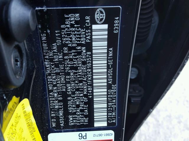 4T4BF1FK8CR163578 - 2012 TOYOTA CAMRY BASE BLACK photo 10