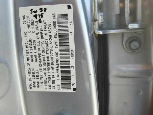 1HGCP26349A006690 - 2009 HONDA ACCORD LX SILVER photo 10