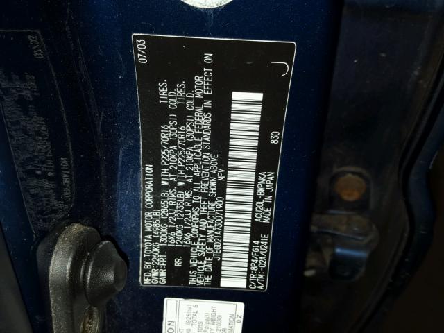 JTEGD21A730071900 - 2003 TOYOTA HIGHLANDER BLUE photo 10