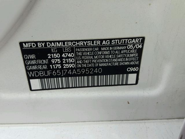 WDBUF65J74A595240 - 2004 MERCEDES-BENZ E 320 WHITE photo 10