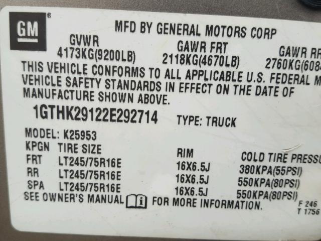 1GTHK29122E292714 - 2002 GMC SIERRA K25 TAN photo 10