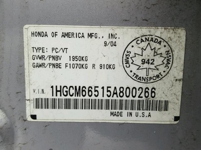 1HGCM66515A800266 - 2005 HONDA ACCORD EX SILVER photo 10