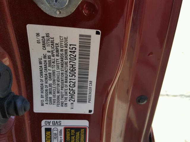 2HGFG21506H702451 - 2006 HONDA CIVIC SI MAROON photo 10