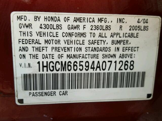 1HGCM66594A071268 - 2004 HONDA ACCORD EX RED photo 10