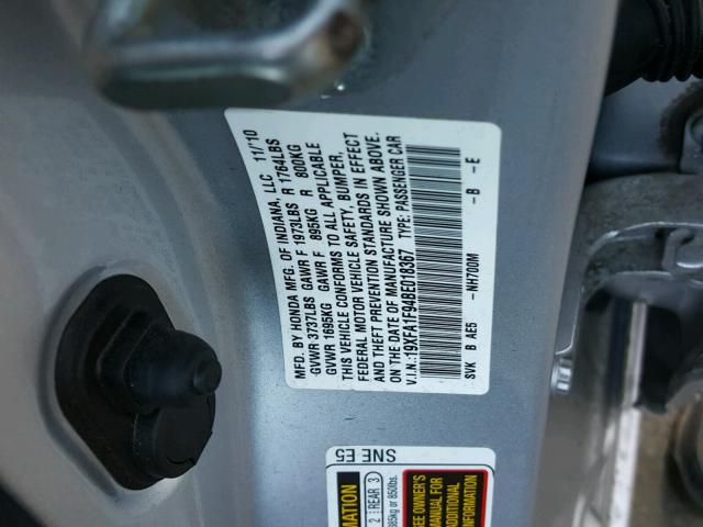 19XFA1F94BE018367 - 2011 HONDA CIVIC EXL SILVER photo 10