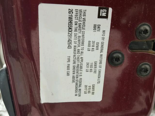 2G1WH55KX29142643 - 2002 CHEVROLET IMPALA LS BURGUNDY photo 10