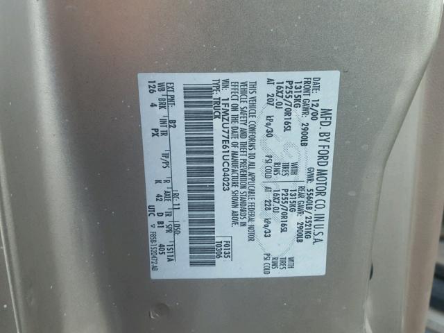 1FMZU77E61UC04023 - 2001 FORD EXPLORER S 金色 照片 10