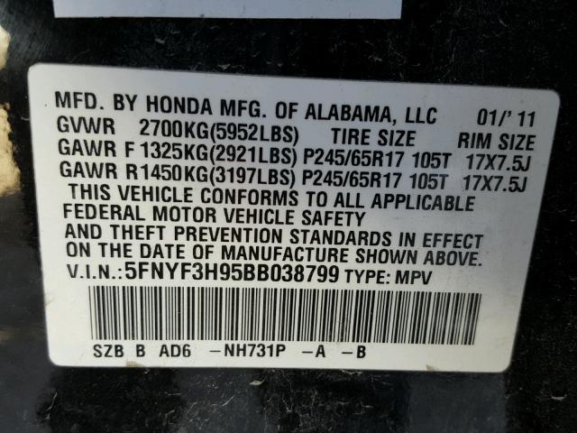 5FNYF3H95BB038799 - 2011 HONDA PILOT TOUR BLACK photo 10