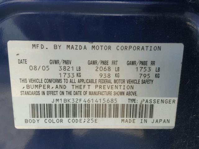 JM1BK32F461415685 - 2006 MAZDA 3 I BLUE photo 10