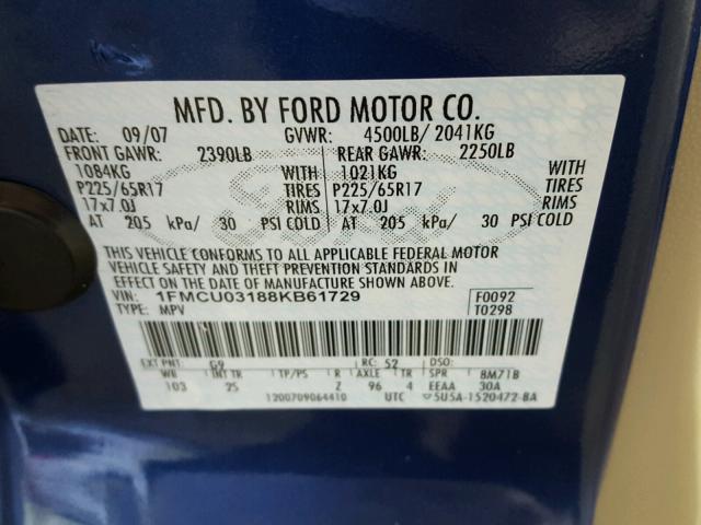 1FMCU03188KB61729 - 2008 FORD EXPLORER BLUE photo 10