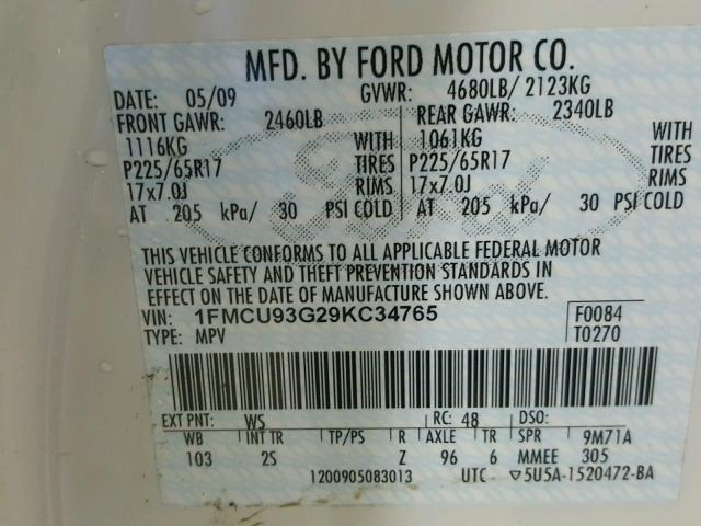 1FMCU93G29KC34765 - 2009 FORD ESCAPE XLT WHITE photo 10