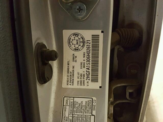 2HGFA15306H026121 - 2006 HONDA CIVIC DX SILVER photo 10