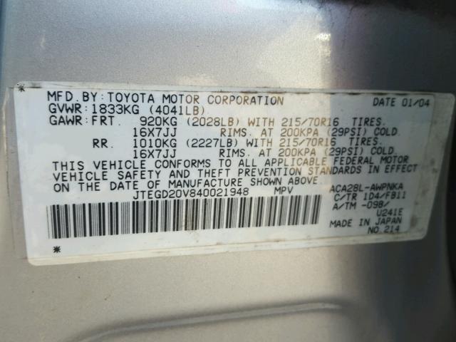 JTEGD20V840021948 - 2004 TOYOTA RAV4 SILVER photo 10