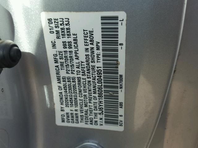 5J6YH18606L004951 - 2006 HONDA ELEMENT EX SILVER photo 10