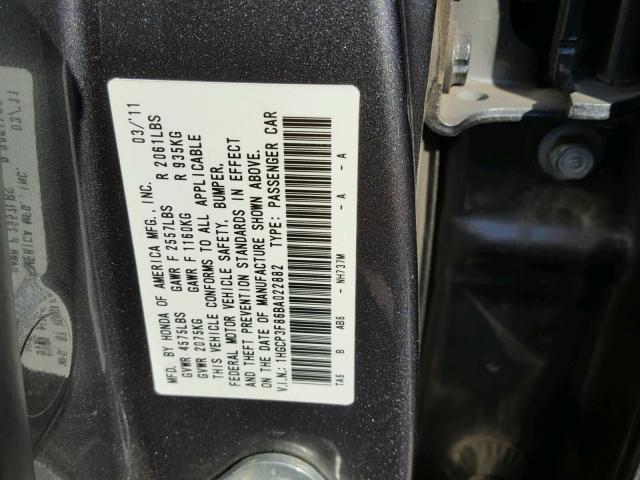 1HGCP3F86BA022882 - 2011 HONDA ACCORD EXL GRAY photo 10