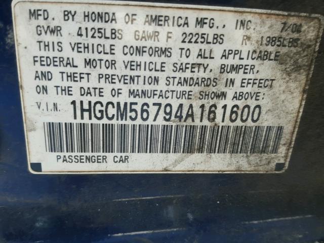 1HGCM56794A161600 - 2004 HONDA ACCORD EX BLUE photo 10