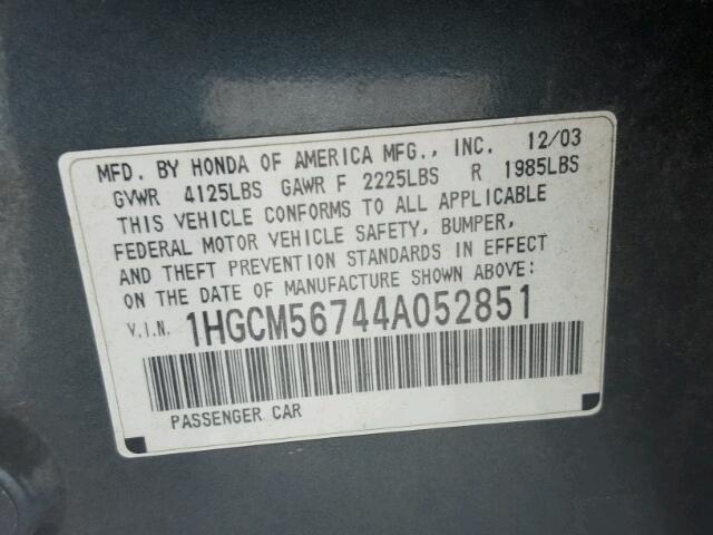 1HGCM56744A052851 - 2004 HONDA ACCORD EX GREEN photo 10