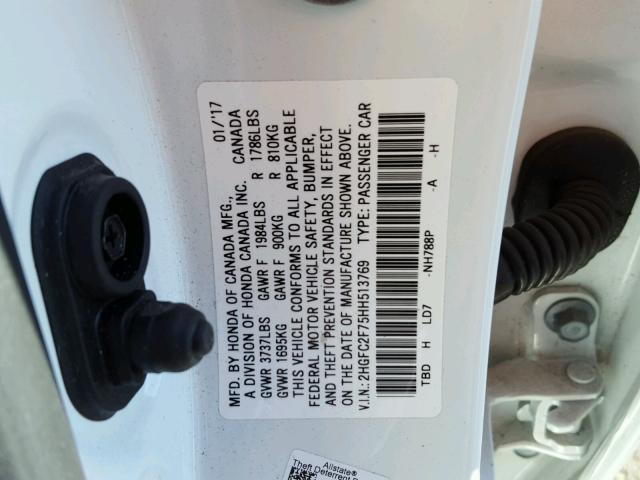 2HGFC2F75HH513769 - 2017 HONDA CIVIC EX WHITE photo 10