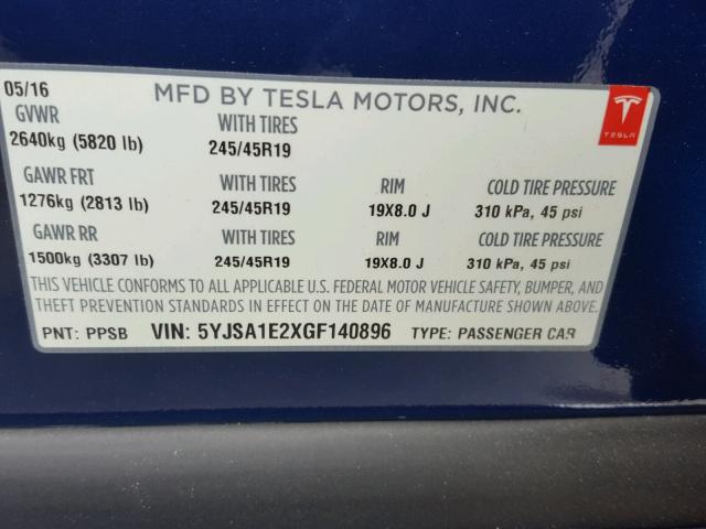 5YJSA1E2XGF140896 - 2016 TESLA MODEL S BLUE photo 10