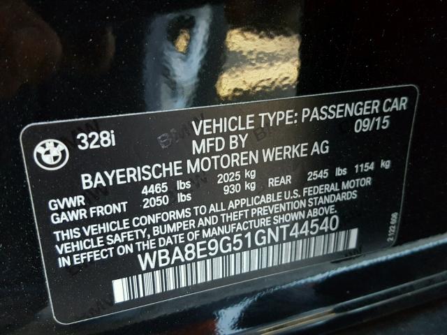 WBA8E9G51GNT44540 - 2016 BMW 328 I SULE BLACK photo 10