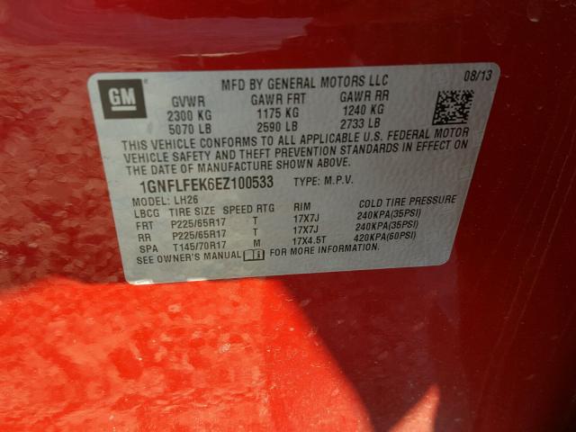 1GNFLFEK6EZ100533 - 2014 CHEVROLET EQUINOX LT RED photo 10