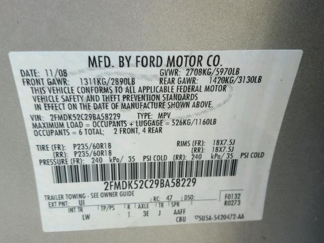 2FMDK52C29BA58229 - 2009 FORD FLEX SEL SILVER photo 10