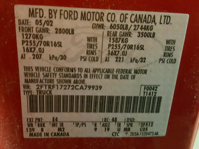 2FTRF17272CA79939 - 2002 FORD F150 RED photo 10