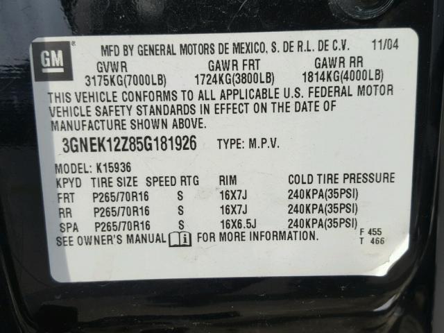 3GNEK12Z85G181926 - 2005 CHEVROLET AVALANCHE GRAY photo 10