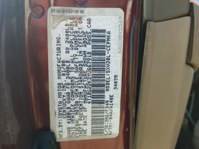 4T1BG22K3YU667918 - 2000 TOYOTA CAMRY CE MAROON photo 10