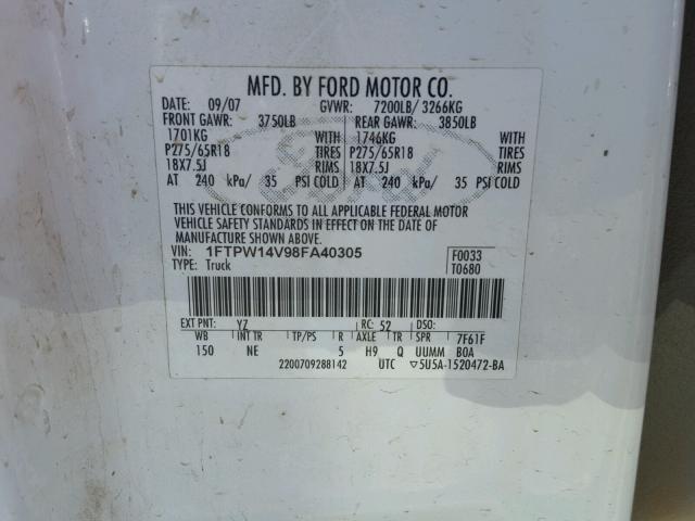 1FTPW14V98FA40305 - 2008 FORD F150 SUPER WHITE photo 10