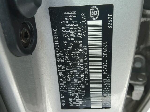 4T1BF30K14U585594 - 2004 TOYOTA CAMRY LE ვერცხლისფერი ფოტო 10