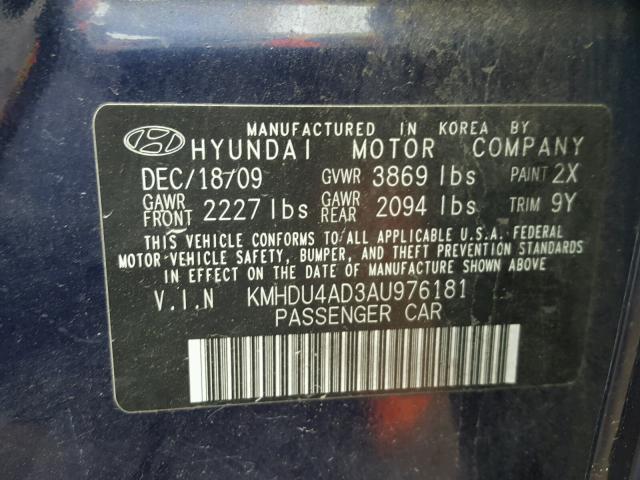 KMHDU4AD3AU976181 - 2010 HYUNDAI ELANTRA BL BLUE photo 10