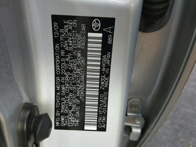 JTDKN3DU4A0111287 - 2010 TOYOTA PRIUS SILVER photo 10