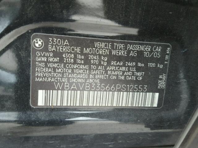 WBAVB33566PS12553 - 2006 BMW 330 I BLACK photo 10